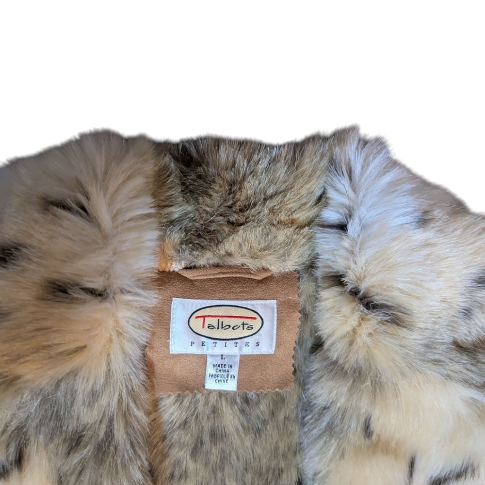 Vtg Y2K Talbots Penny Lane Tan Faux Sherpa Suede/Snow Leopard Fur Lined Coat - Picture 7 of 11